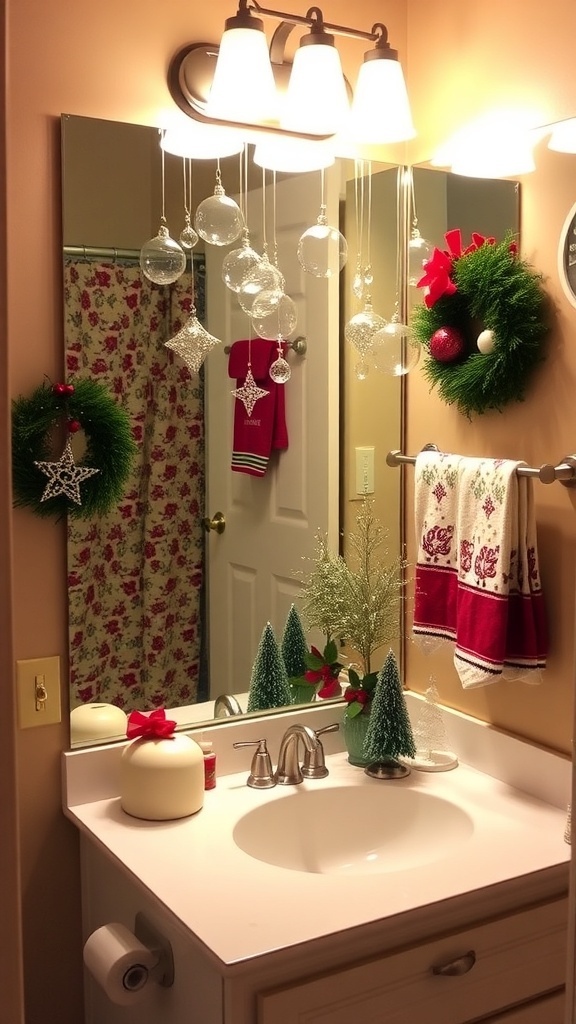 A festive bathroom decorated for Christmas with ornaments, a centerpiece, and holiday towels.